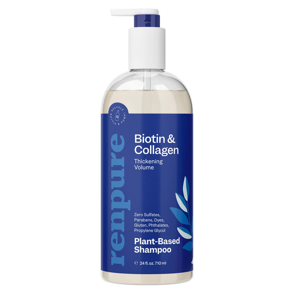 Renpure Plant Based Biotin and Collagen Thickening Volume Shampoo - Leaves Hair Looking Luscious - Rids Hair of Grime - Gentle Formula - Paraben Free - Recyclable, Pump Bottle Design - 24 fl oz