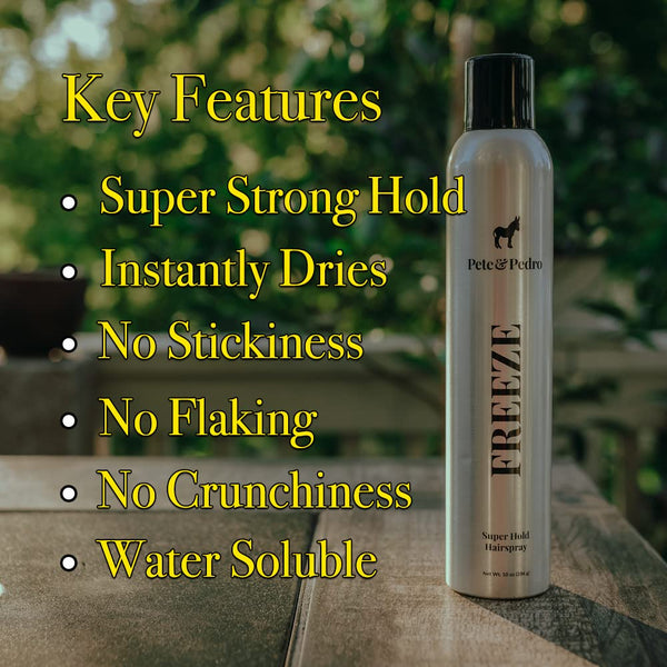 Pete & Pedro FREEZE - Hairspray For Men & Women | Super Strong Hold Locks Hair Instantly In Place | Spray Dries Quickly, No Stiffness or Stickiness | As Seen on Shark Tank, 10 oz.