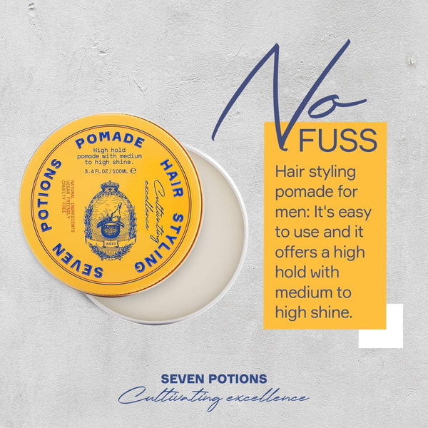 SEVEN POTIONS Hair Styling Pomade For Men 3.4 fl oz - High Shine - High Hold Hair Wax - Water Based - Natural, Vegan, Cruelty Free